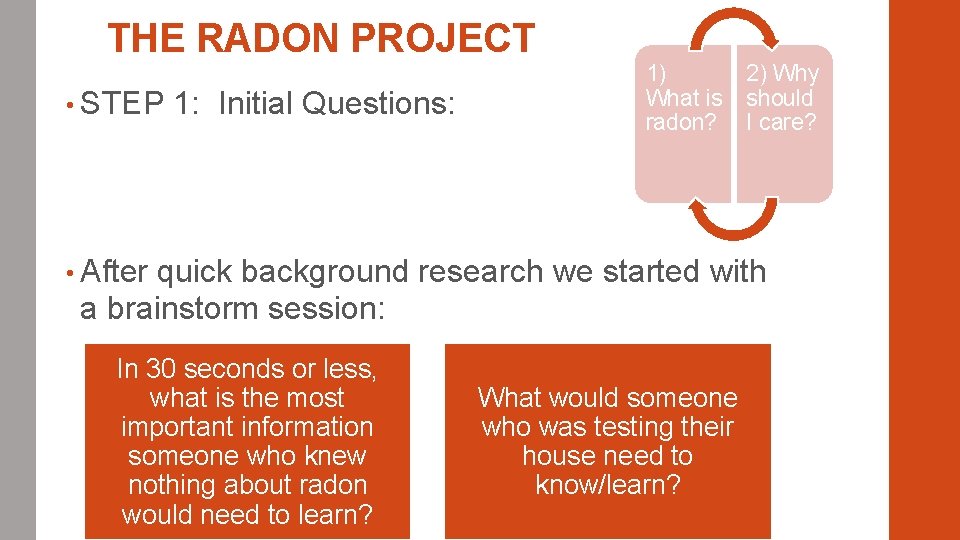 THE RADON PROJECT • STEP 1: Initial Questions: 1) What is radon? • After
