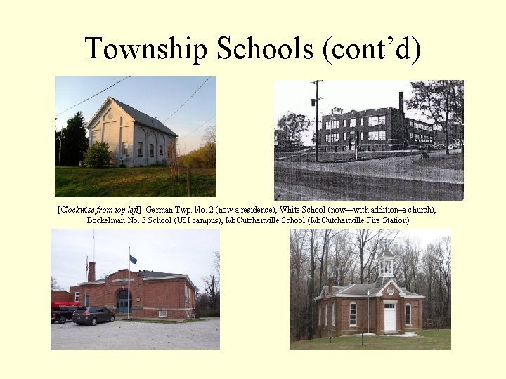 Township Schools (cont’d) [Clockwise from top left] German Twp. No. 2 (now a residence),