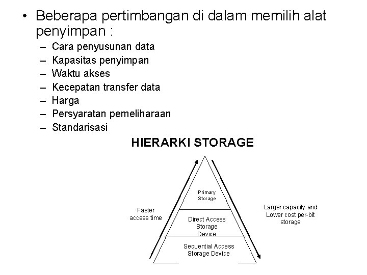  • Beberapa pertimbangan di dalam memilih alat penyimpan : – – – –