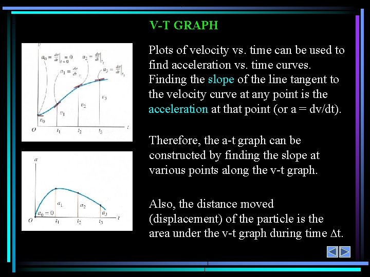 V-T GRAPH Plots of velocity vs. time can be used to find acceleration vs.