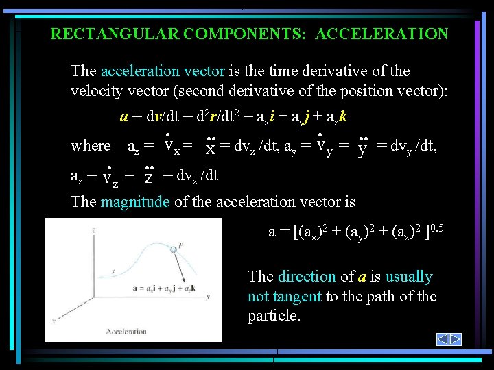 RECTANGULAR COMPONENTS: ACCELERATION The acceleration vector is the time derivative of the velocity vector