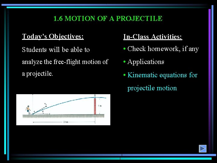 1. 6 MOTION OF A PROJECTILE Today’s Objectives: In-Class Activities: Students will be able