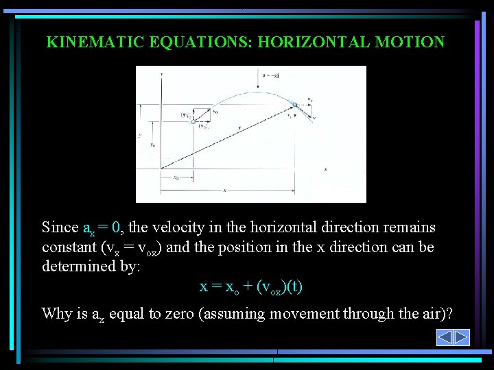 KINEMATIC EQUATIONS: HORIZONTAL MOTION Since ax = 0, the velocity in the horizontal direction