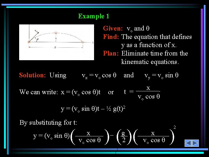 Example 1 Given: vo and θ Find: The equation that defines y as a