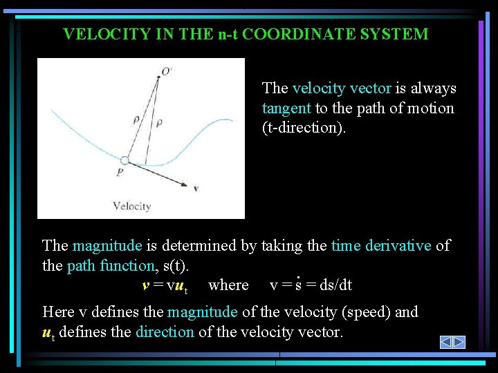 VELOCITY IN THE n-t COORDINATE SYSTEM The velocity vector is always tangent to the