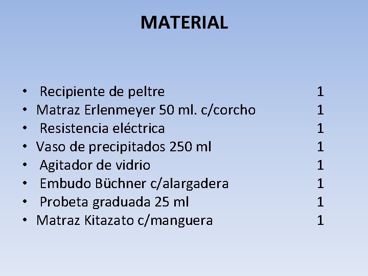 MATERIAL • • Recipiente de peltre Matraz Erlenmeyer 50 ml. c/corcho Resistencia eléctrica Vaso