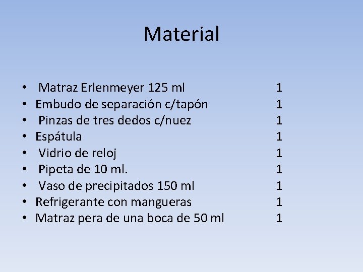 Material • • • Matraz Erlenmeyer 125 ml Embudo de separación c/tapón Pinzas de