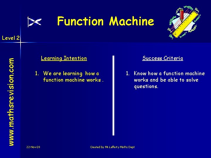 Function Machine www. mathsrevision. com Level 2 Learning Intention Success Criteria 1. We are