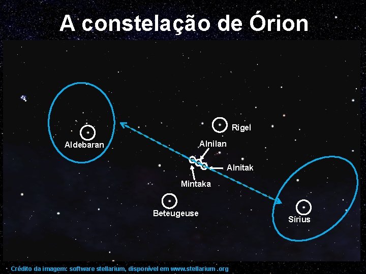 A constelação de Órion Rigel Alnilan Aldebaran Alnitak Mintaka Beteugeuse Crédito da imagem: software