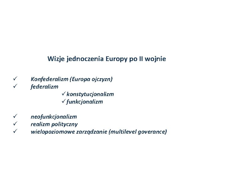 Wizje jednoczenia Europy po II wojnie ü ü Konfederalizm (Europa ojczyzn) federalizm ükonstytucjonalizm üfunkcjonalizm