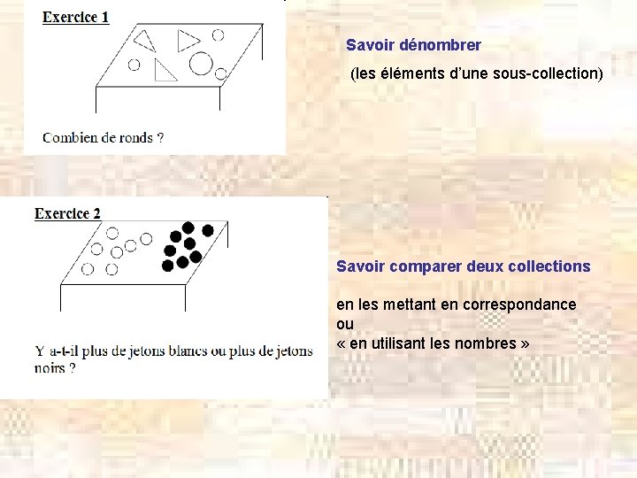 Savoir dénombrer (les éléments d’une sous-collection) Savoir comparer deux collections en les mettant en