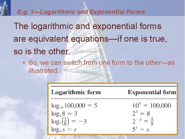 E. g. 1—Logarithmic and Exponential Forms The logarithmic and exponential forms are equivalent equations—if