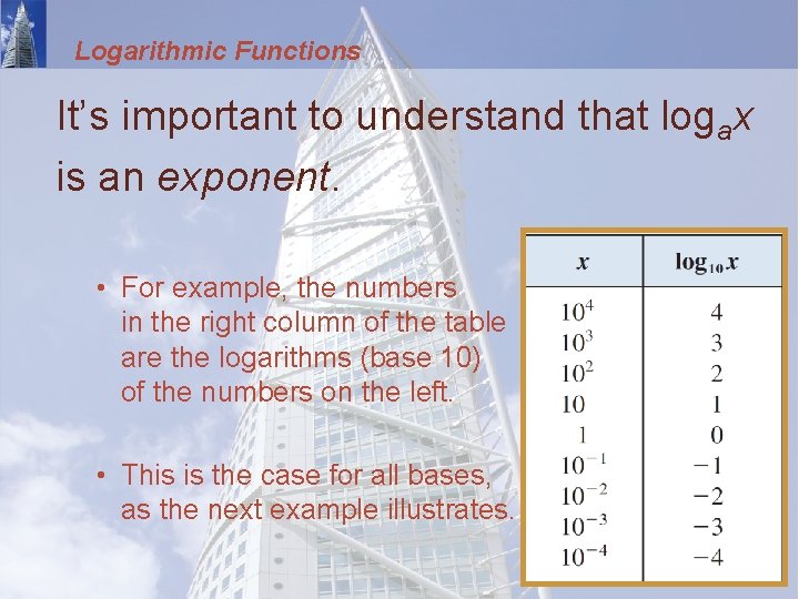 Logarithmic Functions It’s important to understand that logax is an exponent. • For example,