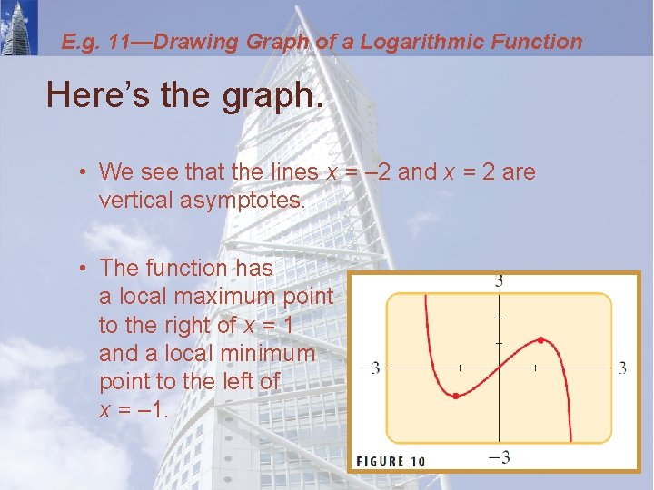 E. g. 11—Drawing Graph of a Logarithmic Function Here’s the graph. • We see