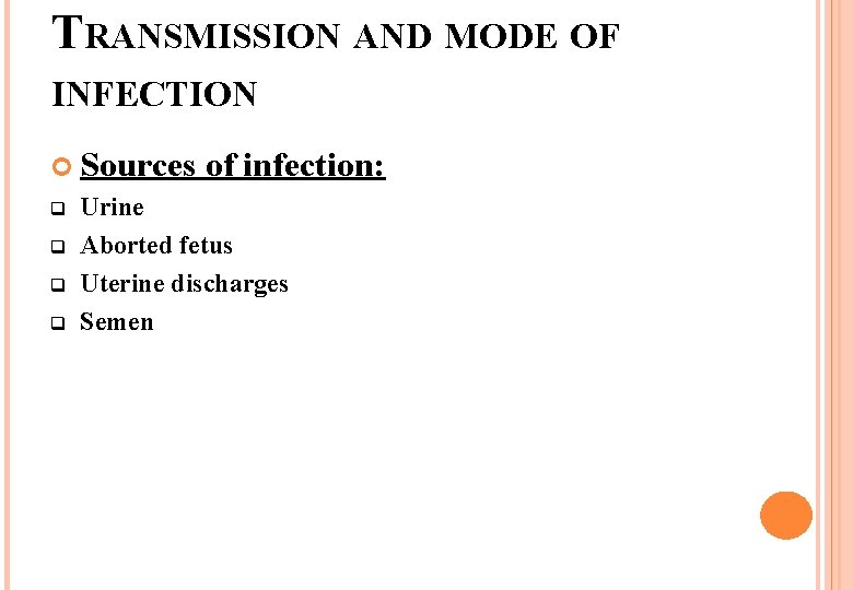 TRANSMISSION AND MODE OF INFECTION Sources q q of infection: Urine Aborted fetus Uterine