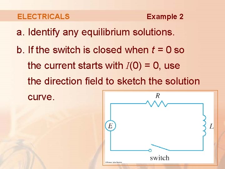 ELECTRICALS Example 2 a. Identify any equilibrium solutions. b. If the switch is closed ELECTRICALS Example 2 a. Identify any equilibrium solutions. b. If the switch is closed