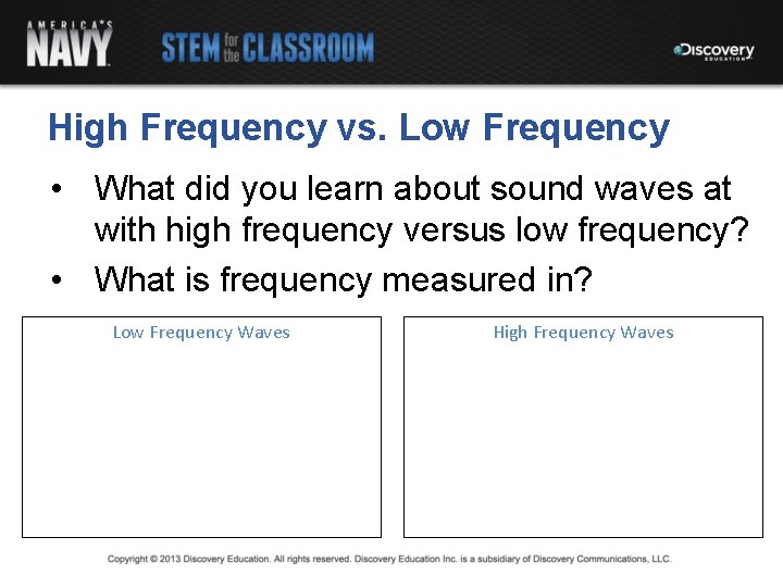 High Frequency vs. Low Frequency • What did you learn about sound waves at