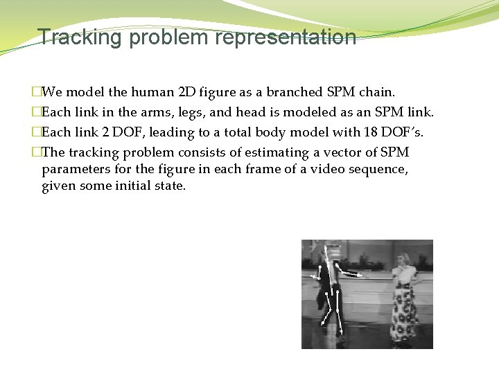 Tracking problem representation �We model the human 2 D figure as a branched SPM