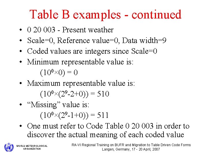 Table B examples - continued • • 0 20 003 - Present weather Scale=0,