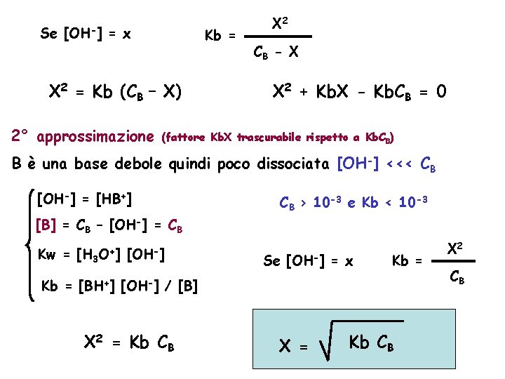 Se [OH-] = x Kb = X 2 = Kb (CB – X) 2°