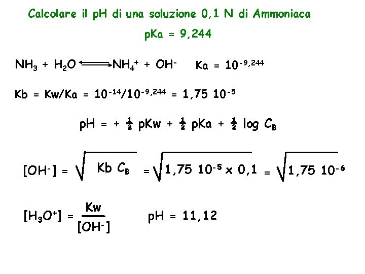Calcolare il p. H di una soluzione 0, 1 N di Ammoniaca p. Ka