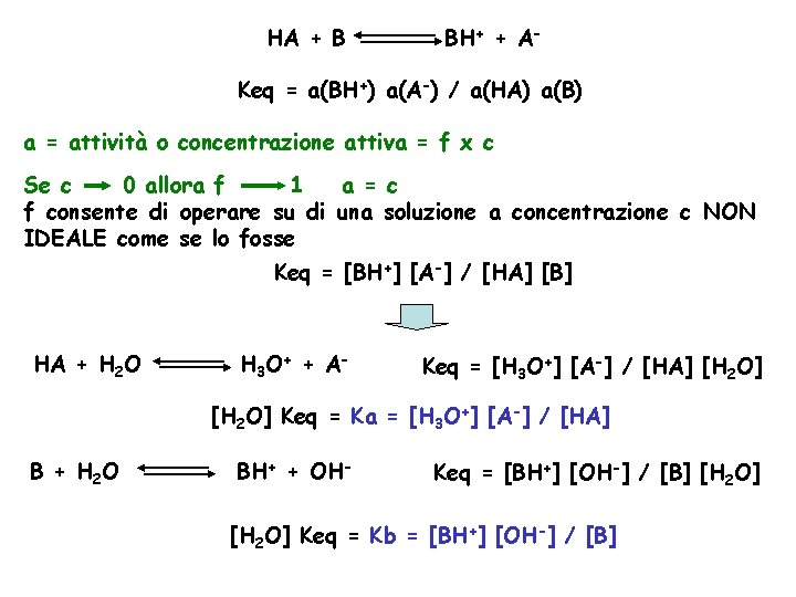 HA + B BH+ + A- Keq = a(BH+) a(A-) / a(HA) a(B) a