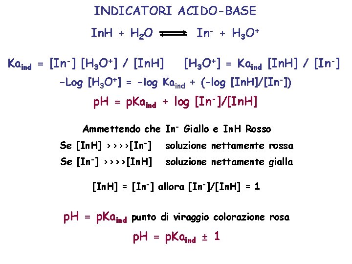 INDICATORI ACIDO-BASE In. H + H 2 O Kaind = [In-] [H 3 O+]