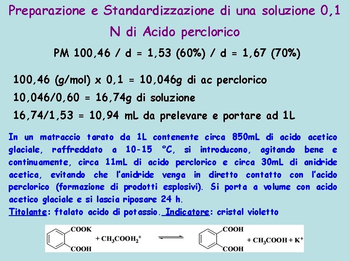 Preparazione e Standardizzazione di una soluzione 0, 1 N di Acido perclorico PM 100,