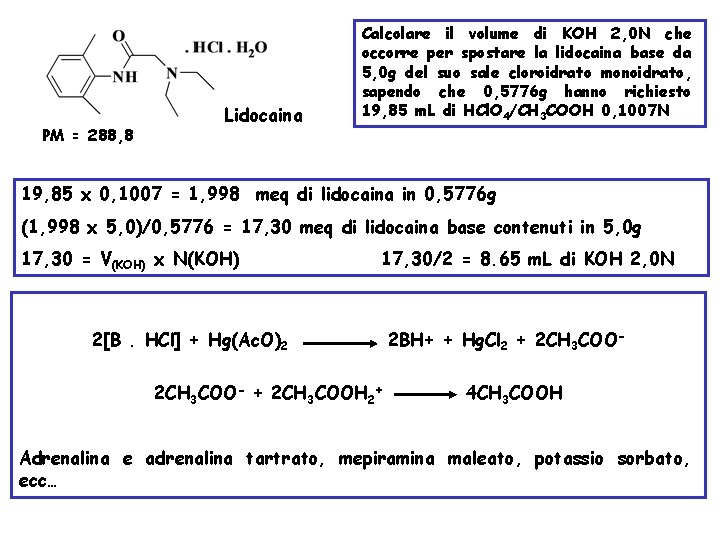 PM = 288, 8 Lidocaina Calcolare il volume di KOH 2, 0 N che