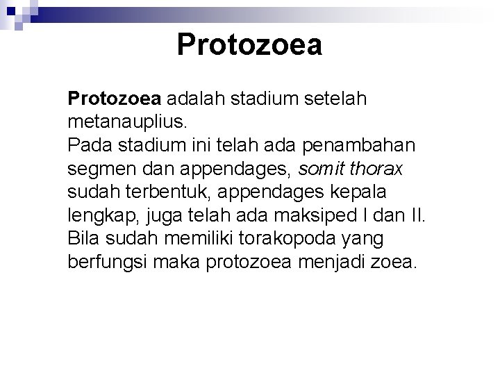 Protozoea adalah stadium setelah metanauplius. Pada stadium ini telah ada penambahan segmen dan appendages,