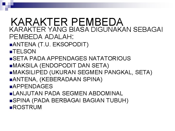 KARAKTER PEMBEDA KARAKTER YANG BIASA DIGUNAKAN SEBAGAI PEMBEDA ADALAH: n. ANTENA (T. U. EKSOPODIT)