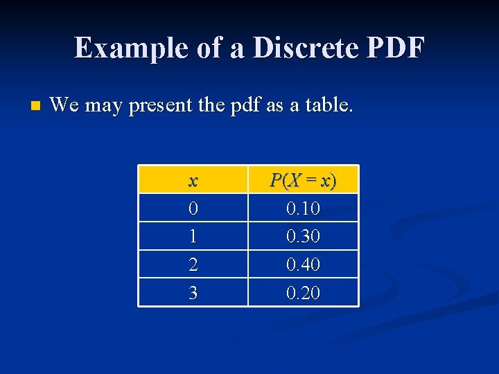 Example of a Discrete PDF n We may present the pdf as a table.
