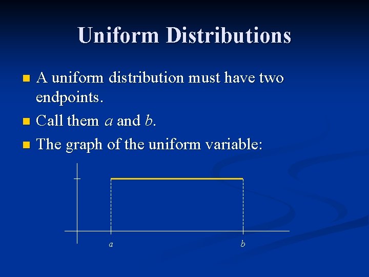 Uniform Distributions A uniform distribution must have two endpoints. n Call them a and