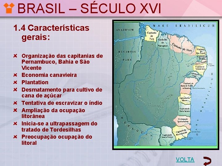 BRASIL – SÉCULO XVI 1. 4 Características gerais: Organização das capitanias de Pernambuco, Bahia