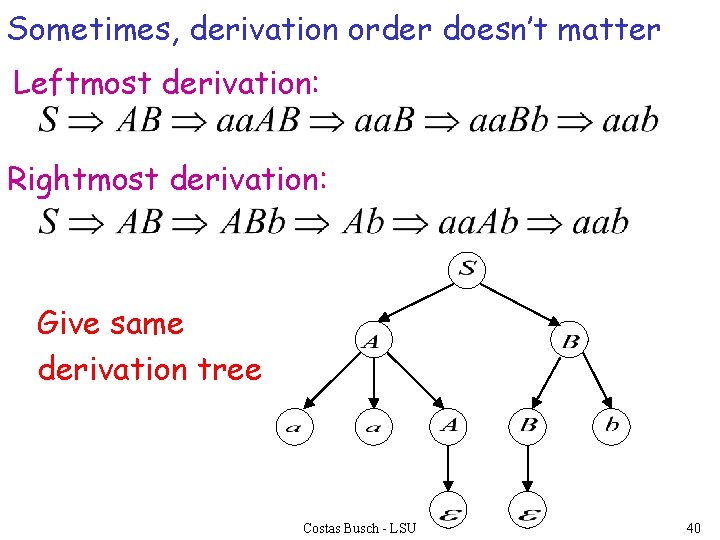 Sometimes, derivation order doesn’t matter Leftmost derivation: Rightmost derivation: Give same derivation tree Costas