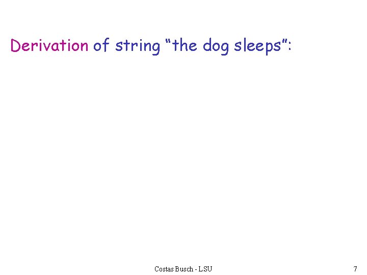 Derivation of string “the dog sleeps”: Costas Busch - LSU 7 