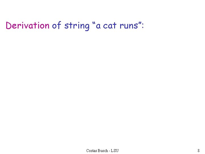 Derivation of string “a cat runs”: Costas Busch - LSU 8 