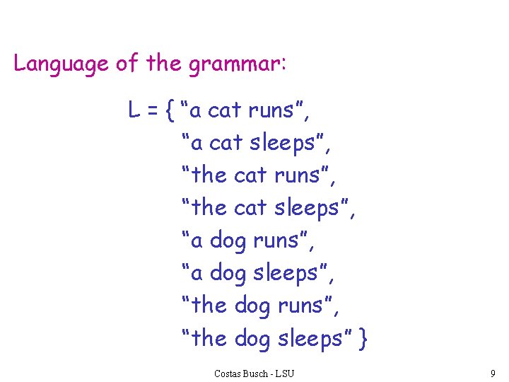 Language of the grammar: L = { “a cat runs”, “a cat sleeps”, “the