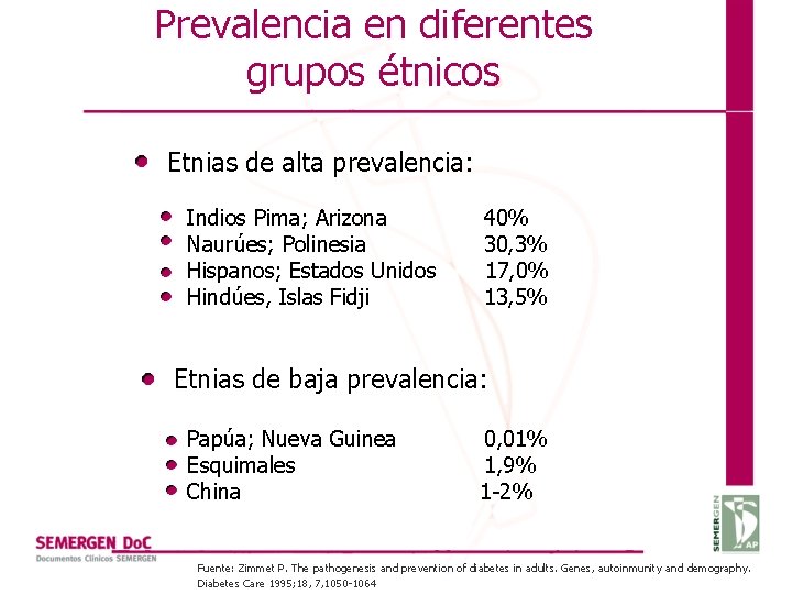 Prevalencia en diferentes grupos étnicos Etnias de alta prevalencia: Indios Pima; Arizona Naurúes; Polinesia