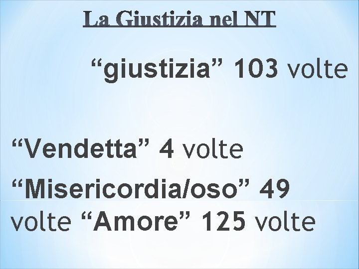 “giustizia” 103 volte “Vendetta” 4 volte “Misericordia/oso” 49 volte “Amore” 125 volte 