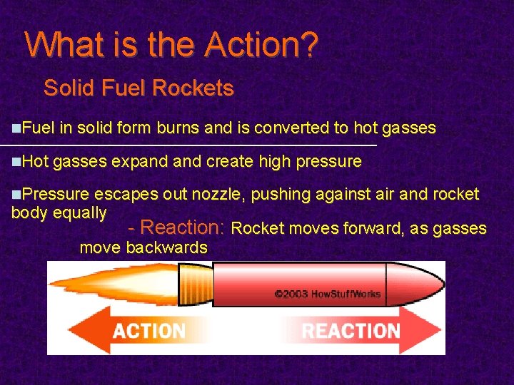 What is the Action? Solid Fuel Rockets n. Fuel in solid form burns and
