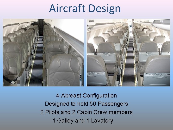 Aircraft Design 4 -Abreast Configuration Designed to hold 50 Passengers 2 Pilots and 2 Aircraft Design 4 -Abreast Configuration Designed to hold 50 Passengers 2 Pilots and 2