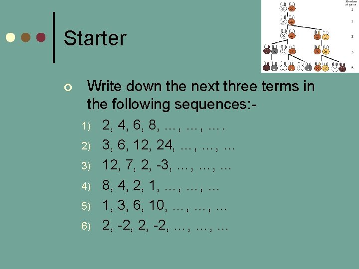 Starter ¢ Write down the next three terms in the following sequences: 1) 2)