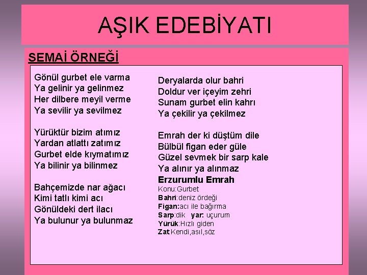 AŞIK EDEBİYATI SEMAİ ÖRNEĞİ Gönül gurbet ele varma Ya gelinir ya gelinmez Her dilbere