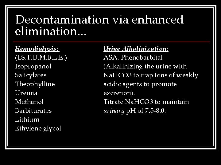 Decontamination via enhanced elimination. . . Hemodialysis: (I. S. T. U. M. B. L.
