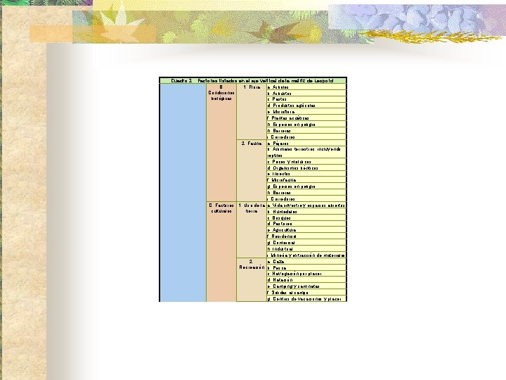 Cuadro 2. Factores listados en el eje vertical de la matriz de Leopold. B.