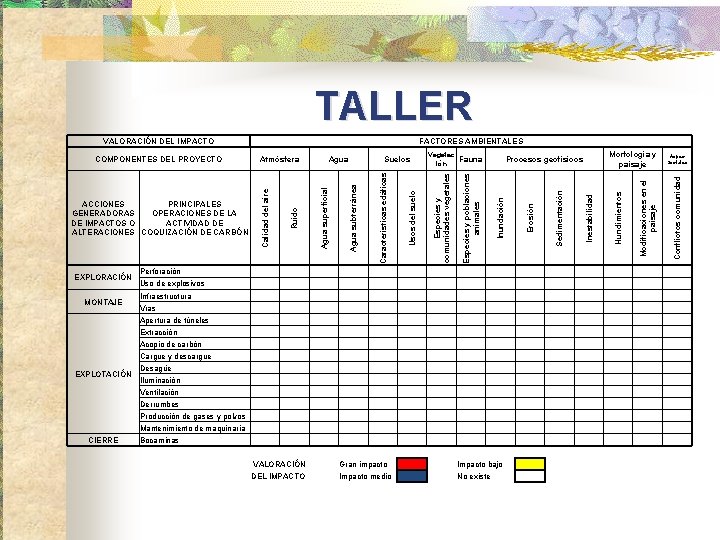 TALLER VALORACIÓN DEL IMPACTO Vegetac Fauna ión Morfología y paisaje ACCIONES PRINCIPALES GENERADORAS OPERACIONES