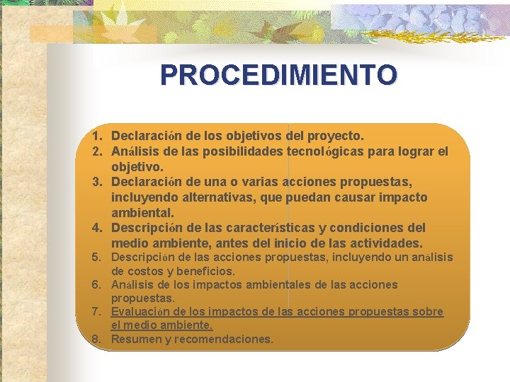 PROCEDIMIENTO 1. Declaración de los objetivos del proyecto. 2. Análisis de las posibilidades tecnológicas