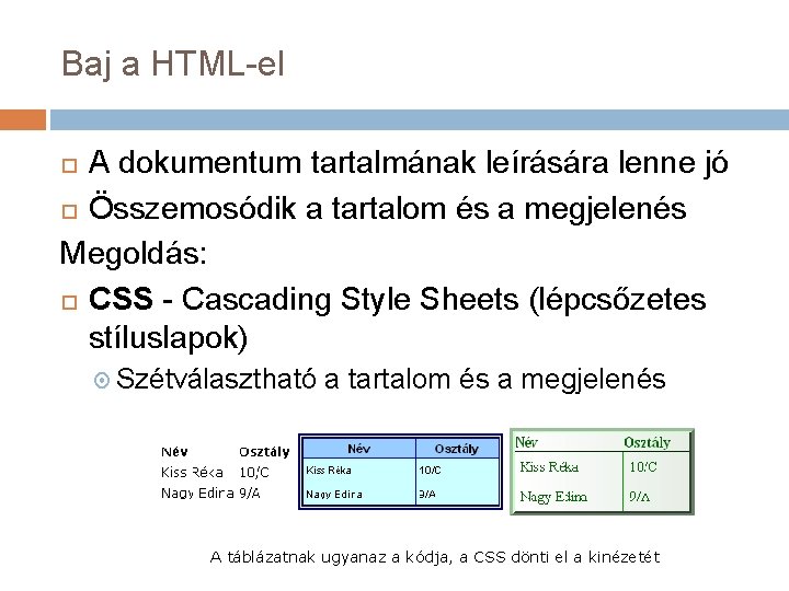 Baj a HTML-el A dokumentum tartalmának leírására lenne jó Összemosódik a tartalom és a