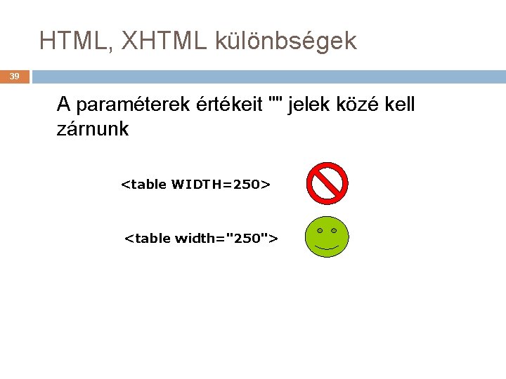HTML, XHTML különbségek 39 A paraméterek értékeit "" jelek közé kell zárnunk <table WIDTH=250>